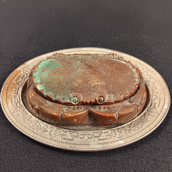 Rare Antique Avery 1885 Crab on a Platter Needle Case Brass Trinket Box Patina - Picture 1 of 12